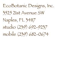EcoBotanic Designs, Inc.
3525 21st Avenue SW
Naples, FL 34117
studio (239) 692-9237
mobile (239) 682-0674

thecker@ecobotanicdesigns.com
www.ecobotanicdesigns.com